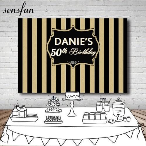 Sensfun Black And Gold Glitter Striped Happy 50th Birthday Party Backdrop For Photo Studio Photography Backgrounds 7x5FT Vinyl