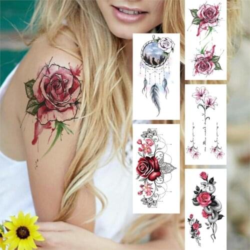 Watercolor Rose Flower Temporary Tattoos For Women Girls Fake Lace Dreamcatcher Tattoo Sticker Snake Peony Chains Feather Tatoos