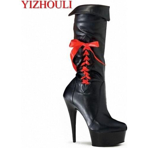 Tall leather boots black bowknot patent leather drum sexy stretch boots, 15CM ultra high heel knee boots