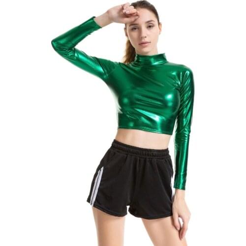 Ensnovo Metallic Colors Women Basic Tee Shirt Fashion Turtleneck Crop Tops Sexy Skinny T Shirts Casual Streetwear