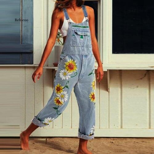 Women Long Trousers Print Denim Jumpsuit Romper Overalls Straps Jumpsuit Spring Ladies Casual Loose Plus Size Flower Jumpsuits