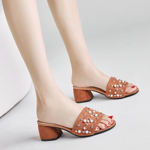 YMECHIC 2018 New Fashion Bead Rivet Ladies Slides Square High Heels Summer Women Shoes Black Pink Big Size High Heel Slipper