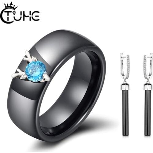Women Fashion Jewelry Set Elk Blue Crystal 8mm Ceramic Ring For Female Long Drop Earring Elegant Style Top Quality New Year Gift