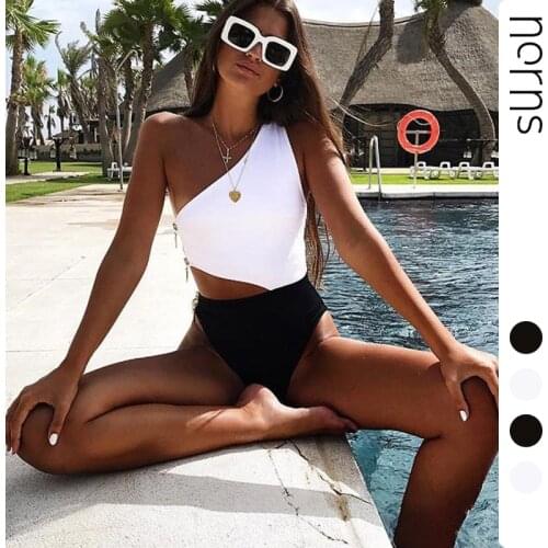 Norns Women Stitching Bikini Sexy Zipper Design One-shoulder One-piece Swimsuit High Elastic Quick-drying Swimsuit