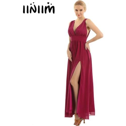 Womens Ladies Elegant Long Bridesmaid Dress Sleeveless Deep V Front Split Chiffon Wedding Party Evening Prom Gown Formal Dress