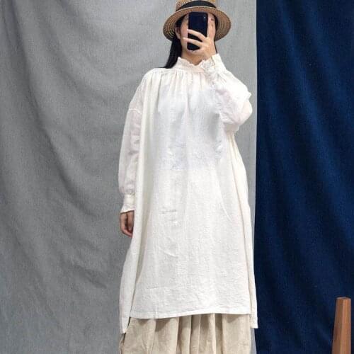 Johnature 2021 Autumn New Vintage Linen Robe Dresses Women Casual Solid Color Loose Ruffles Collar Full Sleeve Female Dress