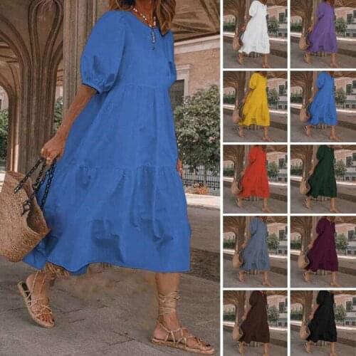 Summer Women Dress Vintage Sexy Lantern Sleeve Dress Casual Loose Round Neck Solid Color Bohemian Beach Sundress