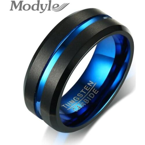 Modyle Black Tungsten Carbide Ring For Men Women Matte Finished Wedding Bands Blue Carbon Fiber Groove Rings Jewelry