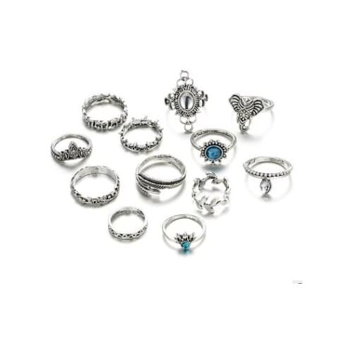 13 Pcs/set Ring Set New Fashion Bohemian Retro Crystal Flower Leaves Hollow Lotus Rhinestone Women Wedding Anniversary Gift