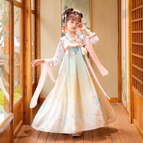 2021 Girl Fairy Outfits Folk Dress Ancient Dance Costume Hanfu Traditional Chinese Costume for Kids Children Tang Suit Stage