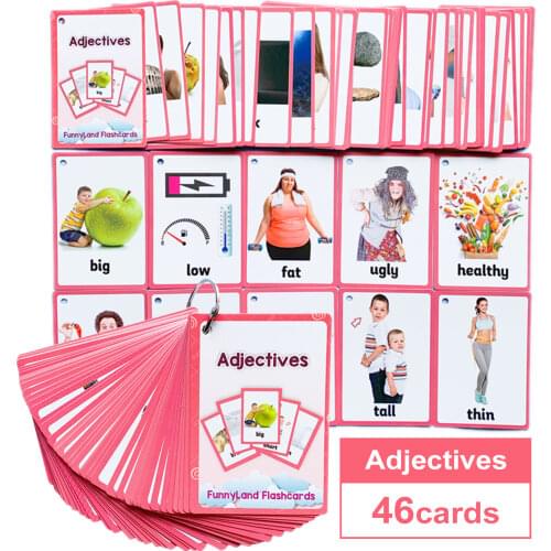 46Pcs/Set Adjectives Kids Montessori English Learning Word Card Pocket Cards Kids Educational Toys for Children Flash Cards