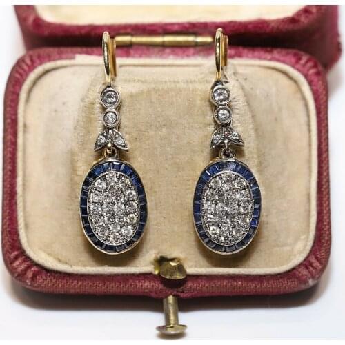ART DECO STYLE NEW MADE 14K GOLD NATURAL DIAMOND AND CALIBER SAPPHIRE EARRING