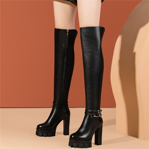 Thigh High Boots Women Genuine Leather High Heel Over The Knee High Motorcycle Boots Female Winter Warm Round Toe Pumps Shoes
