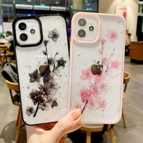 Colorful Flower For iPhone 12 11 Pro X XR XS Max 7 8 Plus SE 2 Phone Case Luxury Glitter Bling Gold Foil Soft TPU For iPhone 12