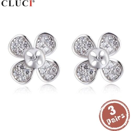 CLUCI 3 pair 925 Sterling Silver Lucky Clover Earrings Jewelry for Women Classic Luxury Zircon Pearl Earring Mounting SE141SB