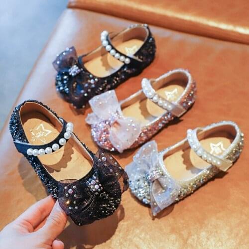 Spring Summer New Childrens Shoes Girls Fashion Bows Childrens Simple Sequined Pearls Princess Non-slip Shoes