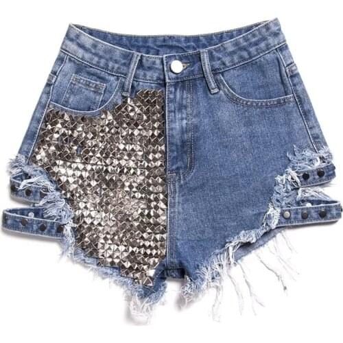 2021 High Waist Rivet Denim Shorts Loose Tassel Fashion Sexy Denim Shorts Personality Rivet Loose Wide Leg Ripped Hot Pants New