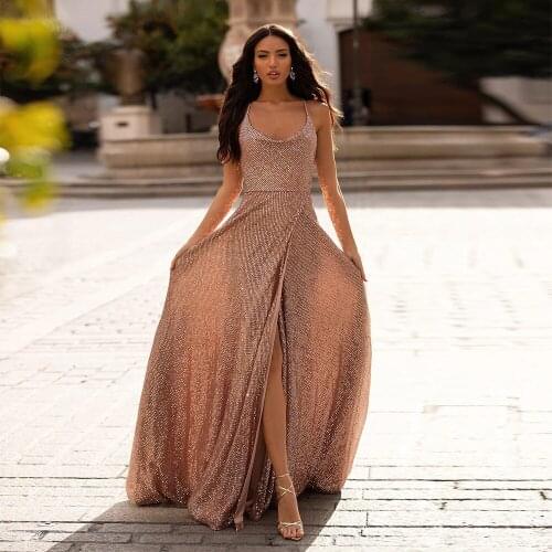 Elegant Rose Gold Sequin Lace Criss Cross Girls Graduation Dress Prom Party Long Gown