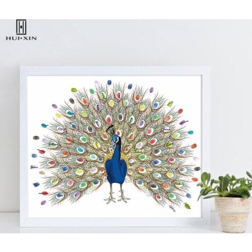 Elegant Beautiful Peacock Canvas Print Free Name And Date Fingerprint Signature Guestbook For Wedding Gift Party Decoration