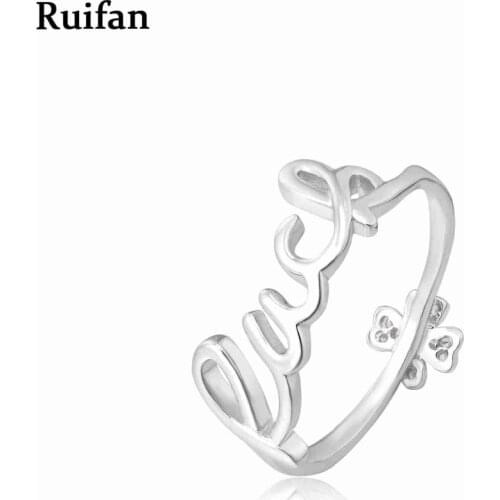 Ruifan Luck Letters Flower Cubic Zirconia White Gold 925 Sterling Silver Rings for Women Lady Trendy Fine Jewelry Gift YRI004