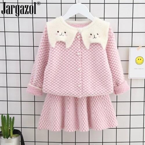 2019 Baby Girls Winter Clothes Set Cute Knitted Cat Cardigan Jacket and Skirt Girls Sweet Winter Warm Clothing Suit Outfits