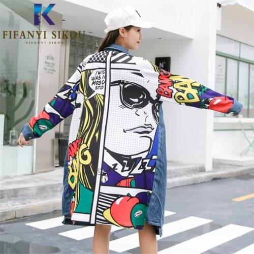 Patchwork Women Denim Jacket Fashion Long Windbreaker Long Sleeves Print Jeans Jacket Female Streetwear Loose Jeans Coat 2020