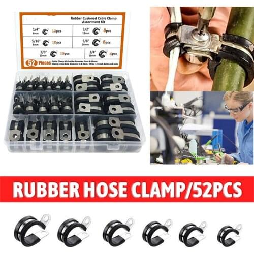52pcs Hose Clamps Set Rubber Lined P Clips Practical Stainless Steel Cable Holder Air Pipe Tools For Wiring Cables Pipe With Box