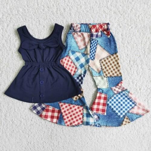 New arrival Navy Blue Sleevless Tunic Bell-Bottom Pants Set for Baby Girls