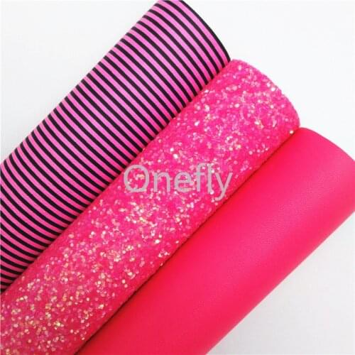 Onefly 21X29CM Rose Glitter Leather, Stripes Printed Synthetic Leather Fabric Sheets For Bow DIY handbags shoes BQ012