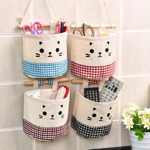 Mini Cartoon Cotton Linen Wall Wardrobe Hanging Sundries Storage Bag Organizer Pouch