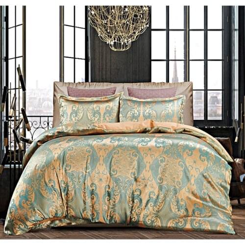 Luxury Gold Green Jacquard Bedding Set King Queen Size 4pcs Bed Linen Duvet Cover Satin Flatsheet Pillowcases