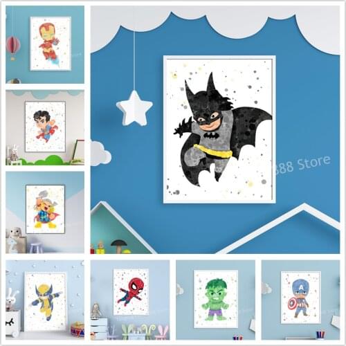 Q Version of Marvel Superhero Canvas Painting Catoon Poster Nursery Cute Wall Art Office Cinema Cafe Hotel Marvel Theme Decor