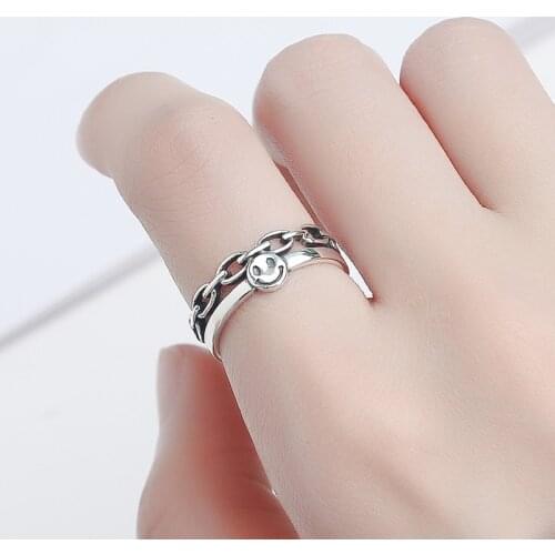 Vintage Ancient Silver S925 Happy Smiling Face Open Rings for Women Punk Hip Hop Adjustable Ring Fashion Jewelry Best Gift