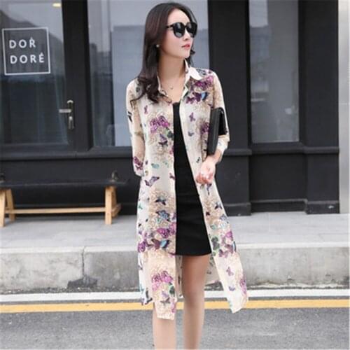 2020 Summer Sun Protection Women Long Blouses Thin Floral Chiffon Cardigan Half Sleeve Loose Flower Print Blouse Shirts ZY4834