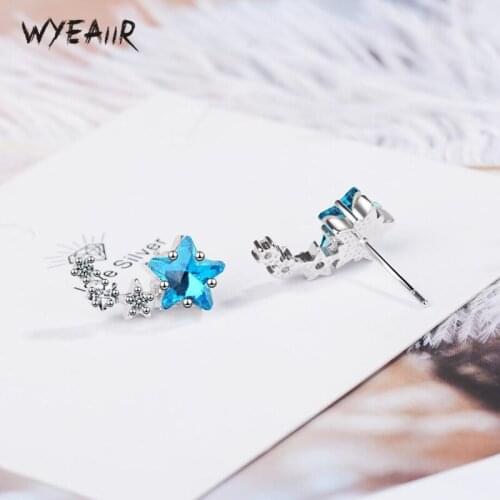 WYEAIIR Fresh Blue Crystal Stars Cute Mini Simple 925 Sterling Silver Female Stud Earrings