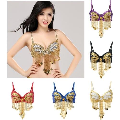 Womens Sparkling Sequins Tassels Bra Top Raves Belly Dance Holiday Indian Dancer Costume Club Wear