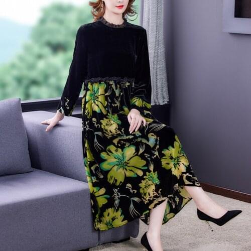 2021 Women Vintage Black Floral Golden Velvet Dress Spring Autumn Loose 5XL Plus Size Midi Dress Elegant Bodycon Casual Vestidos