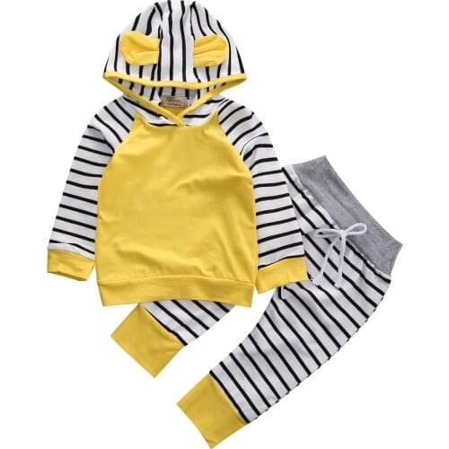2pcs Newborn Infant Baby Kid Boy Girls Clothes Yellow Long Sleeve Hooded T-shirt Tops+Stripe Pants Outfits