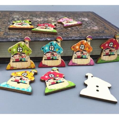 DIY 80pcs Wooden Cartoon Mushroom house buttons Sewing decoration Scrapbooking 30mm