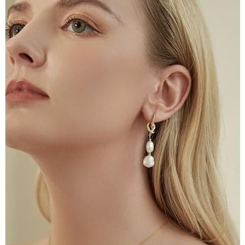 ALLNEWME Natural Freshwater Pearls Knotted Drop Earring Gold Link Baroque Pearl Hanging Dangle Earrings Elegant Vintage Jewelry