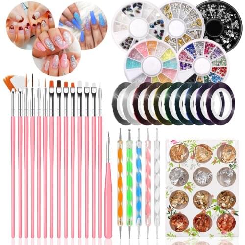 47Pcs Nail Art Brush Design Tips Painting Drawing Carving Dotting Pen Builder Flat Fan Liner Acrylic Gel UV Polish Tool Manicure