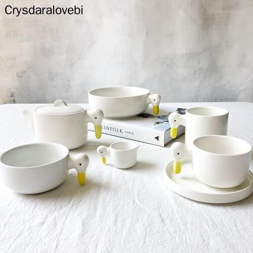 White Duck Ceramic Plates Tableware Hand Made Duckling Tableware Teapot Coffee Cup Mug Dessert Dishes Dinnerware Set