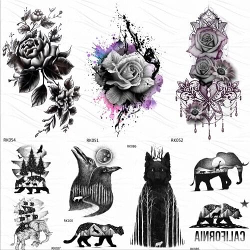 OMMGO Graffiti Rose Flower Chains Temporary Tattoos Sticker Leaf Custom Tattoo Body Art Arm Sexy Flora Fake Gem Tatoos Pendant