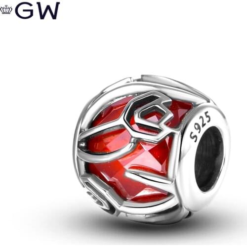 GW 925 Sterling Silver Hollow-Carved Design Charm CZ Rose Charms Beads Valentines Day For Women DIY Jewelry Making