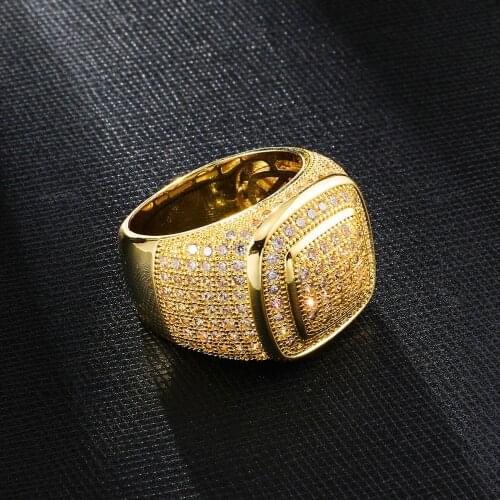 Hip Hop Iced Out Bling Full CZ Charm Tready Square Copper Zircon Ring For Men Women Jewelry Gold Size 8-11