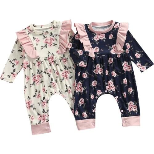 Infant Baby Girls Floral Print Romper, Long Sleeve O-neck Jumpsuit with Ruffles for Spring, Fall