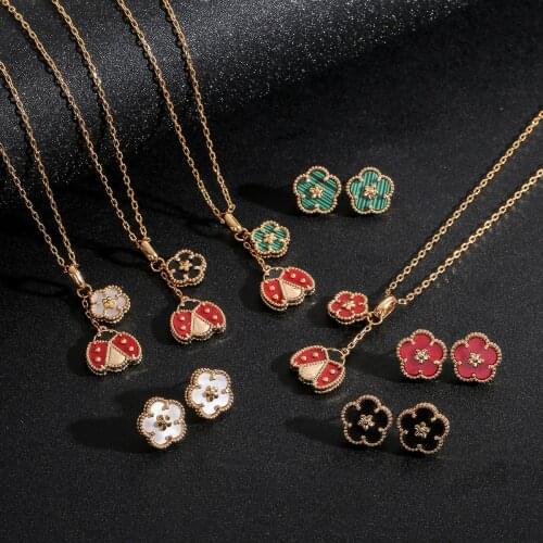 2021 New Romatic Women Fashion Necklace & Earrings Set Shell Lucky Spring Flower Ladybug Design Luxury Wedding Jewelry Set