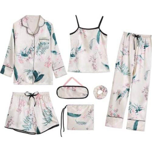 Womens Satin Homewear 7 Pieces Pajamas Sets Sexy Loose Soft Sleeping Suits Fashion New Solid Silk Elegant Lady Nightgown