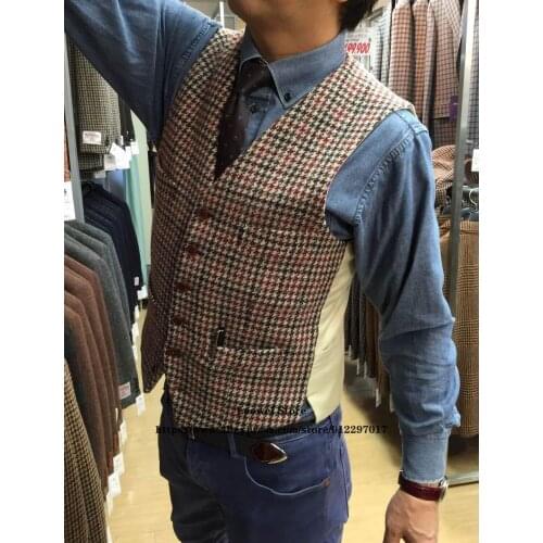 Mens Plaid Suit Vest Casual Houndstooth Jacket Vests Formal Business Waistcoat Male Wedding Groomsmen Casual Homme Gilet