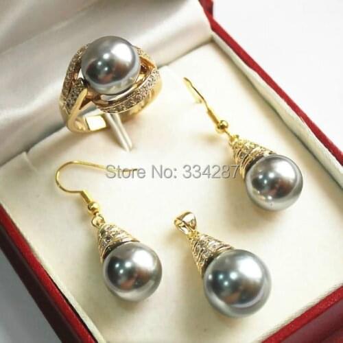 FYS001-1Multi-color Choices 12MM Womens jewelry gold Shell Pearl jadestones earring Bracelet Ring Pendant Gifts set